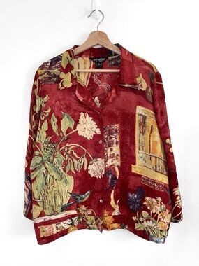 Citron Santa Monica Silk Fukure Blouse Floral Hummingbird Button Up Shirt Red XL